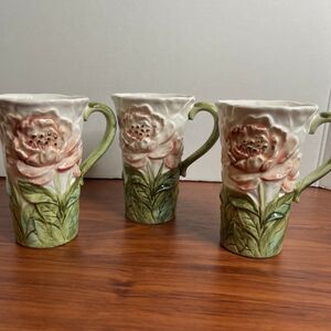 Vintage Lenwile Ardalt Artware Cup Ceramic Hand Painted Flower Pink Embossed 3